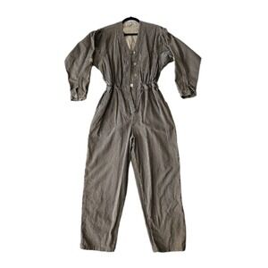 Vtg Coffee Bean Beige & Blue Pinstripe Corduroy ButtonUp Dolman Tapered Jumpsuit